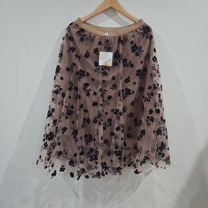 CHICWISH Women's Caramel 3D Posy Double-Layered Mesh Midi Skirt, Size L/XL